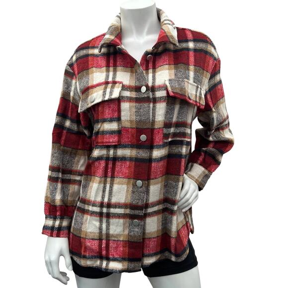 Womens Red Plaid Shacket/Jacket Lapel Coat Button Down Long Sleeve Shacket M - Picture 1 of 12